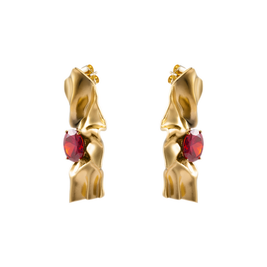 Side view of Victoria gold-plated earrings with deep red cubic zirconia garnet stones