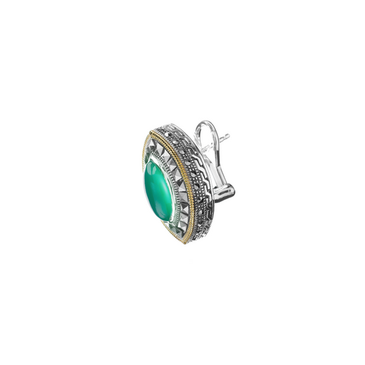 Side view of oxidized silver earrings featuring green agate stone, marcasite stones, and gold-plated rope design