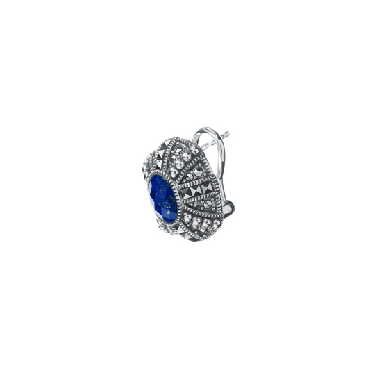 Side view of oxidized silver earrings with blue lapis cabochon and marcasite stones