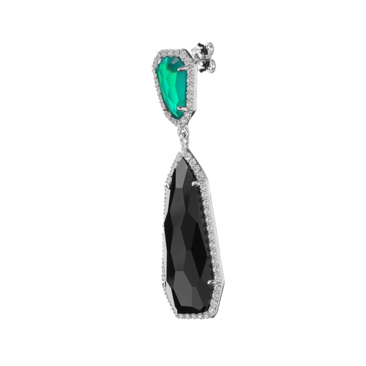 Side view of Sasha sterling silver earrings featuring green agate, black onyx, and cubic zirconia stones