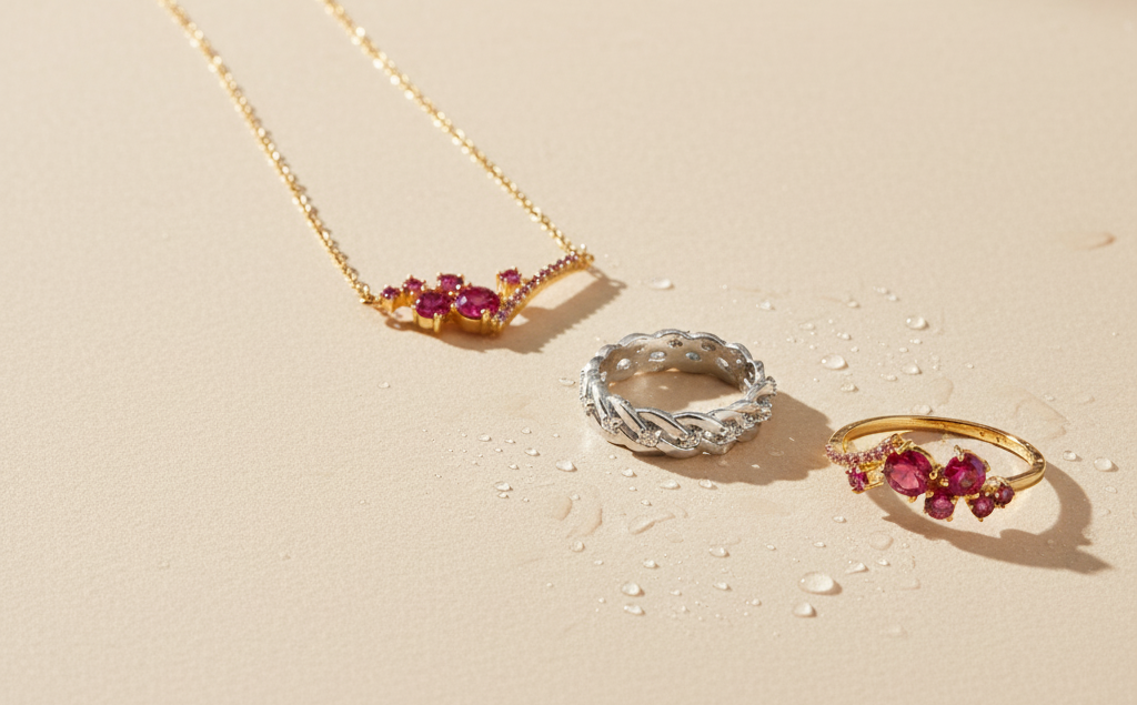 Jewelry set with a necklace and two rings on a beige surface