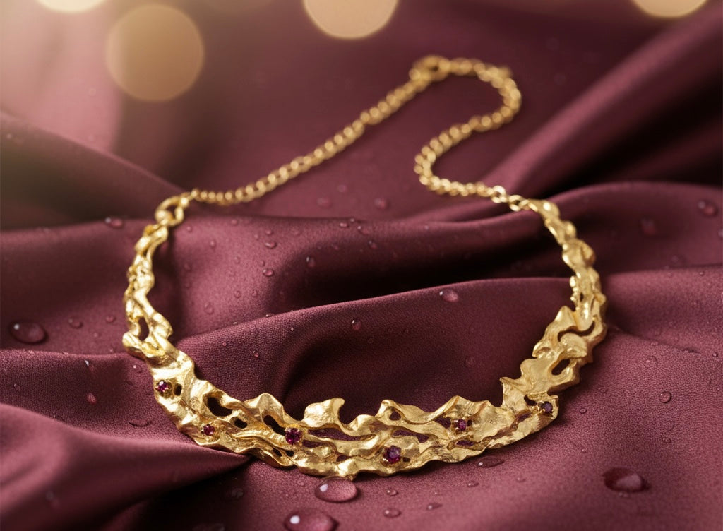 Gold necklace with red gemstones