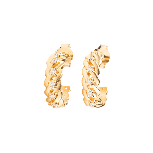 Gold hoop earrings with diamond accents on a white background