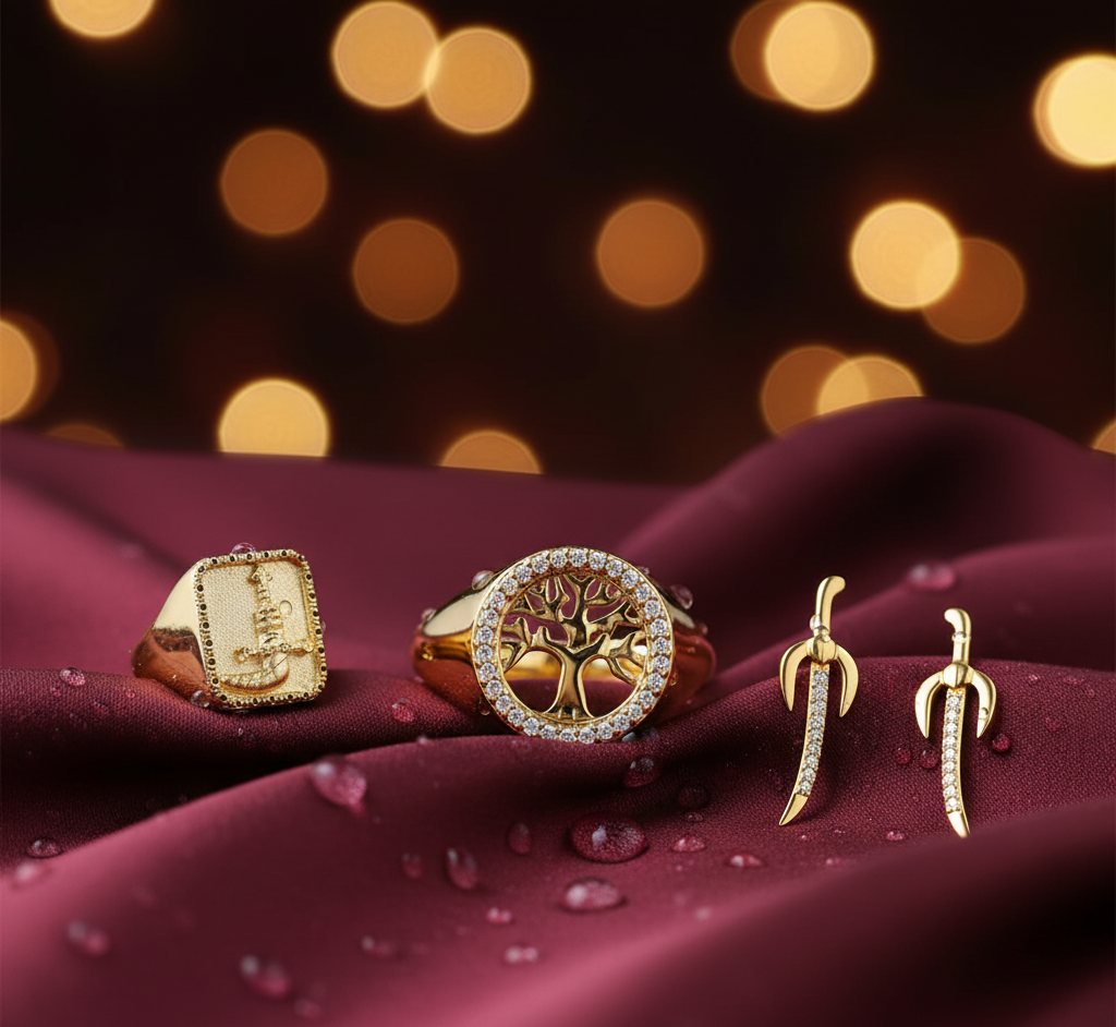 Gold jewelry set on a burgundy fabric with blurred lights in the background