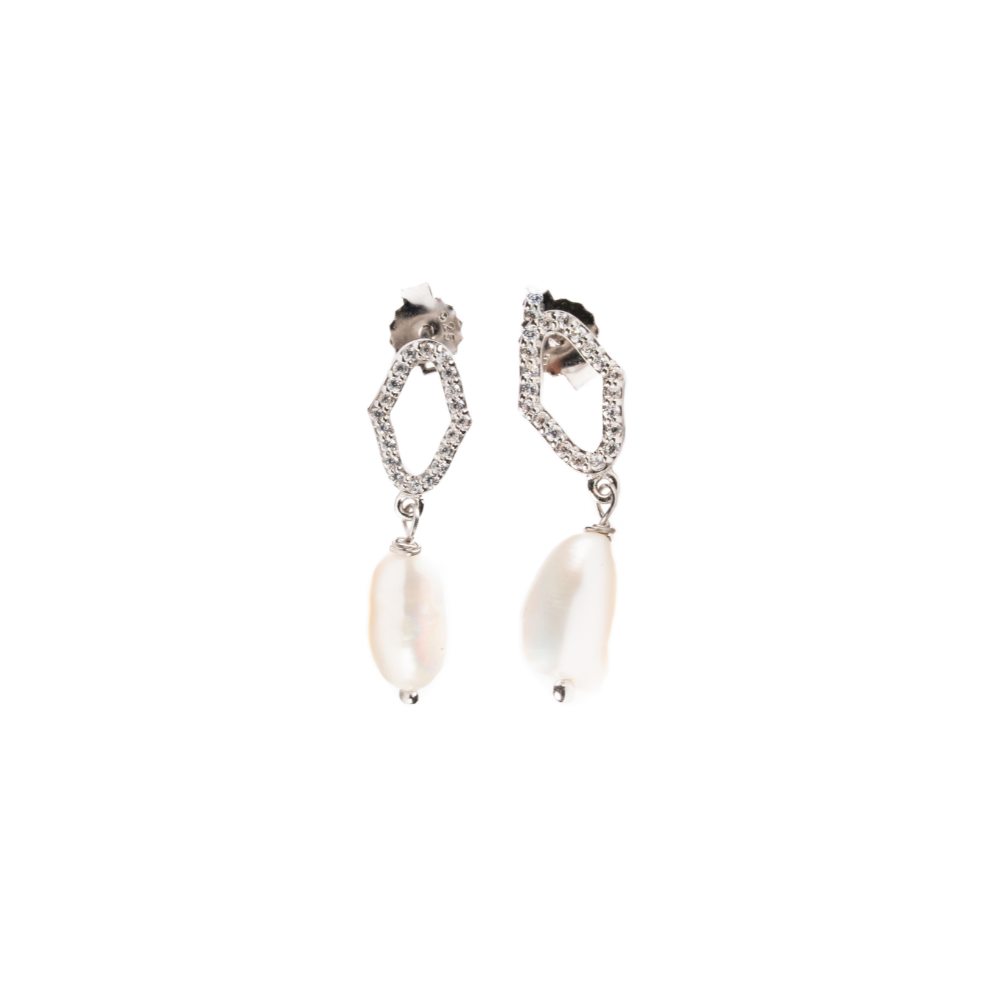 Pair of earrings with pearl drops on a white background