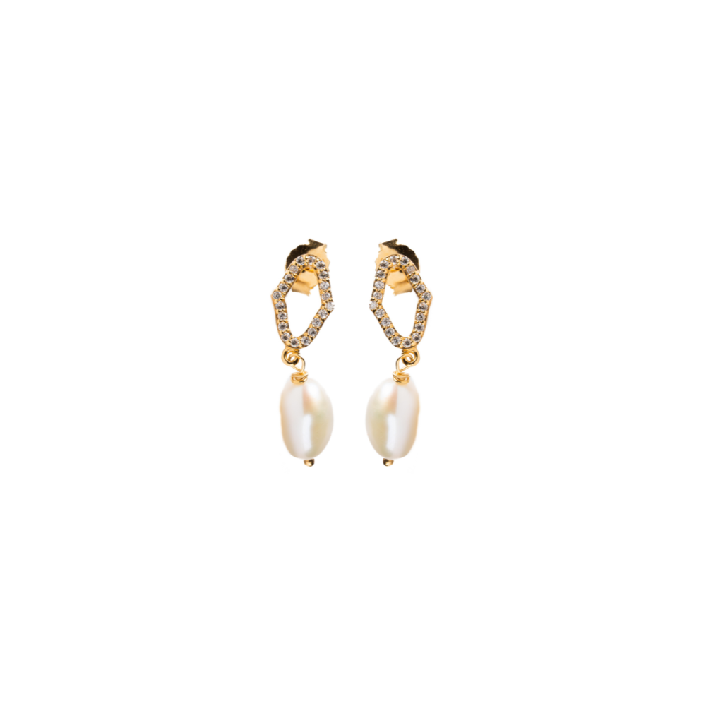 Pair of gold earrings with pearl drops on a white background