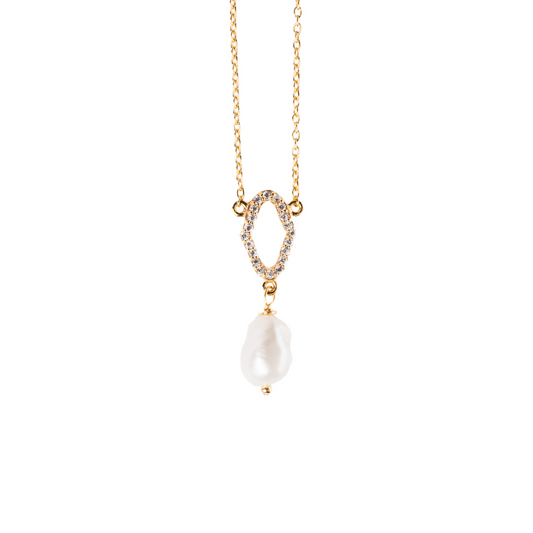 Gold necklace with a pearl pendant on a white background