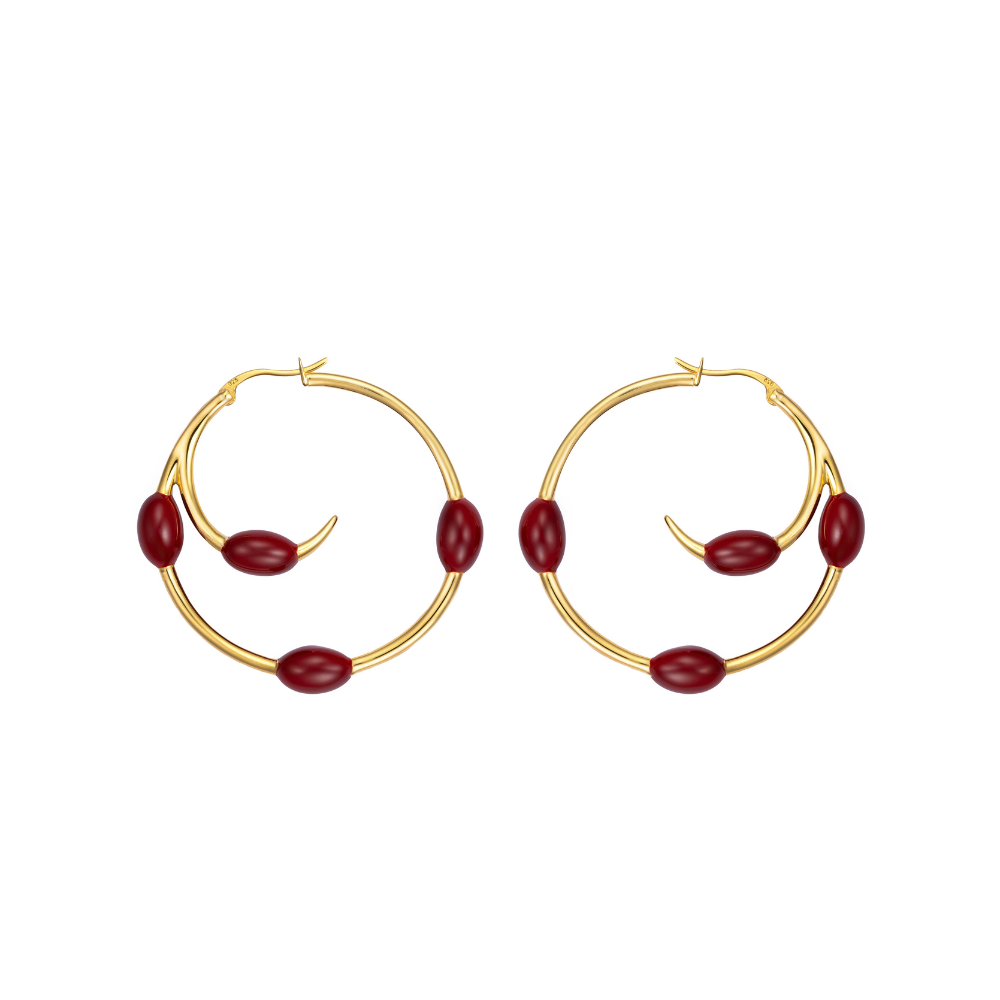 Gold-plated Athena hoop earrings with maroon enamel finish