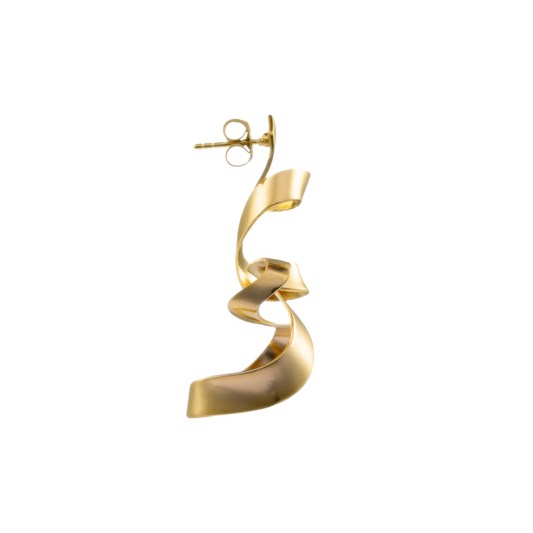Close-up of Jade gold-plated spiral earrings showing fluid curved design and polished finish