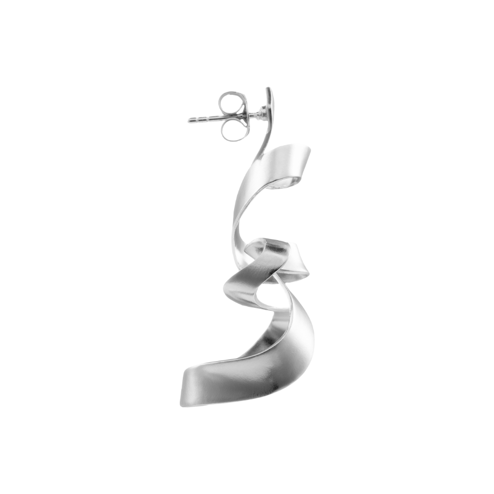 Close-up of Jade sterling silver spiral earrings showing polished curved design