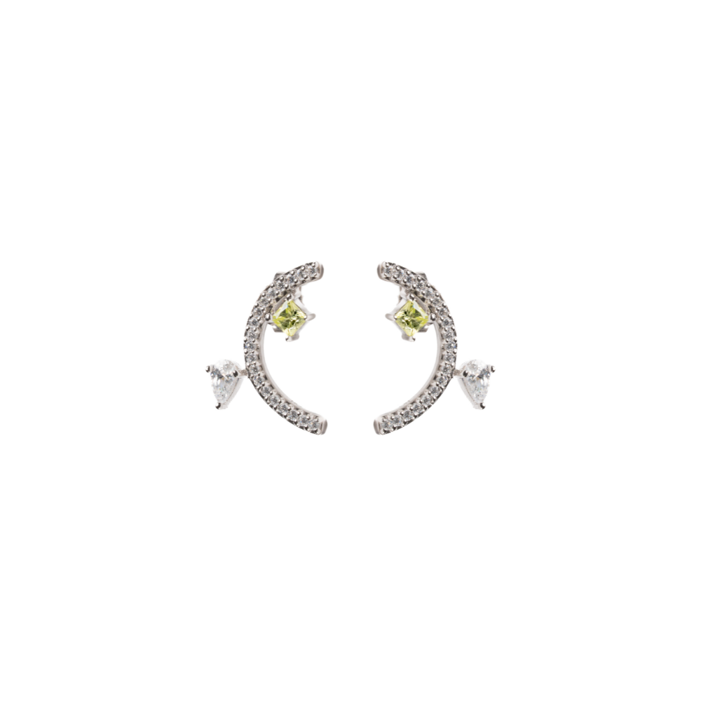 Pair of silver hoop earrings with green gemstones on a white background