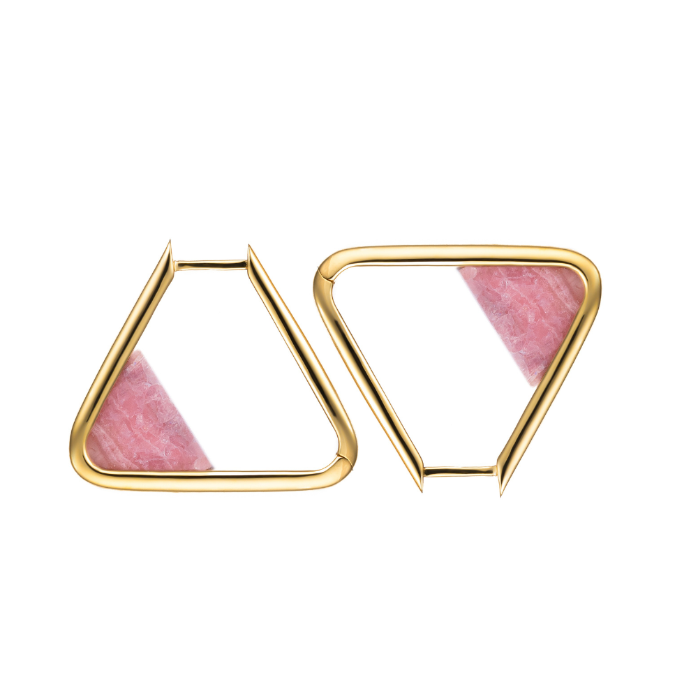 Gold-plated Scarlet triangle hoop earrings with vibrant coral gemstone