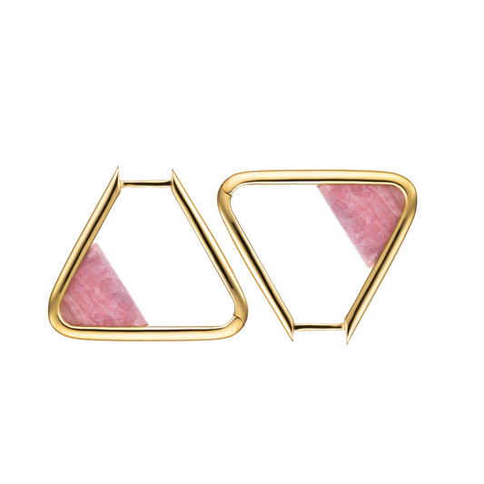 Gold-plated Scarlet triangle hoop earrings with vibrant coral gemstone