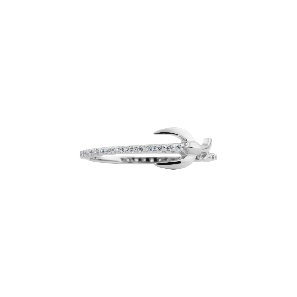 A silver rhodium-plated band ring with cubic zirconia stones set in it.