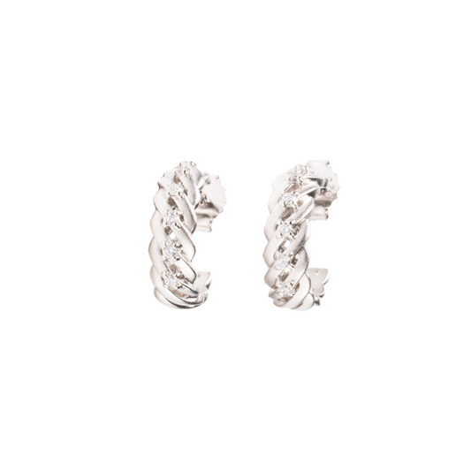 Pair of silver hoop earrings on a white background