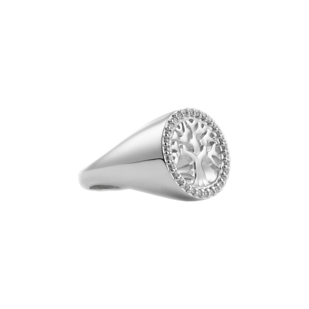 A silver ring with a cubic zirconia stone in the center, featuring a polished finish and a design that resembles a tree with leaves.