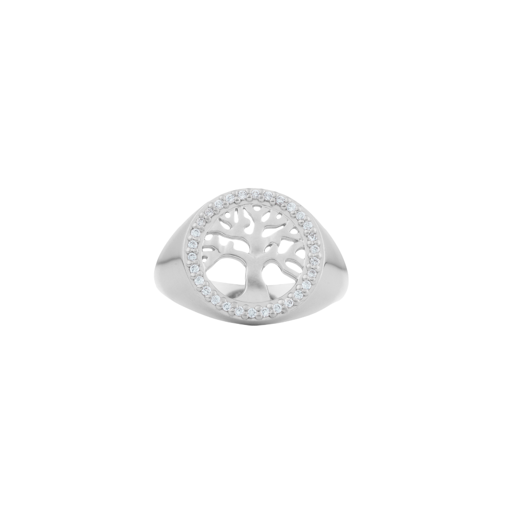 A silver ring with a cubic zirconia stone in the center, featuring a polished finish and a design that resembles a tree with leaves.