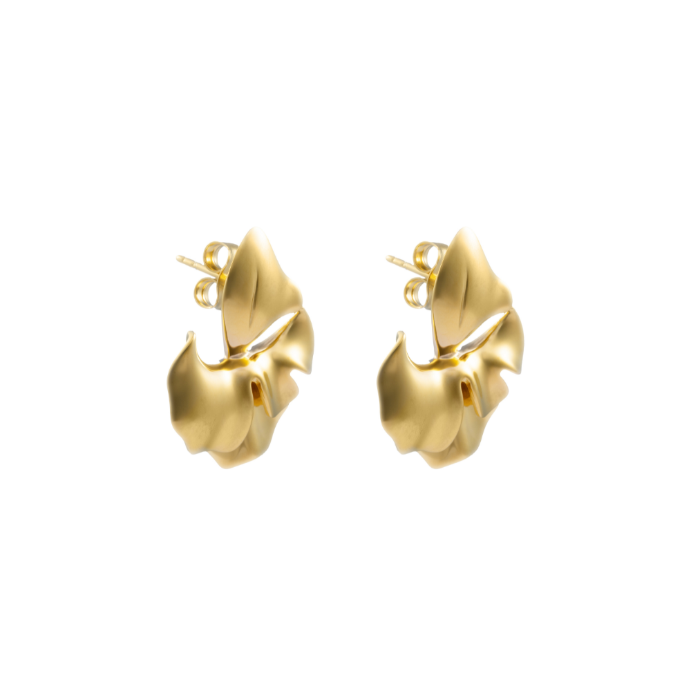 Side view of Sophie gold-plated leaf earrings showing detailed leaf texture and polished finish