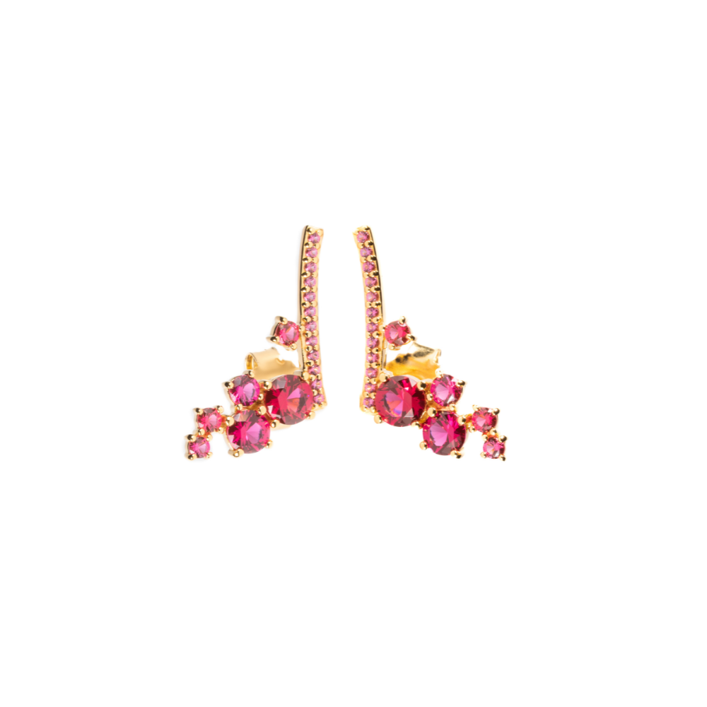Pair of earrings with pink gemstones on a white background
