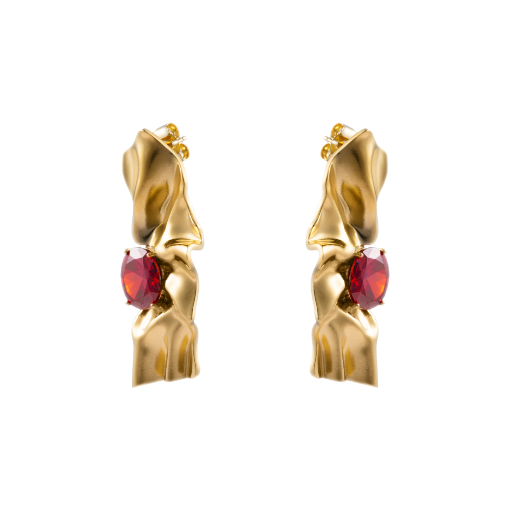 Side view of Victoria gold-plated earrings with deep red cubic zirconia garnet stones