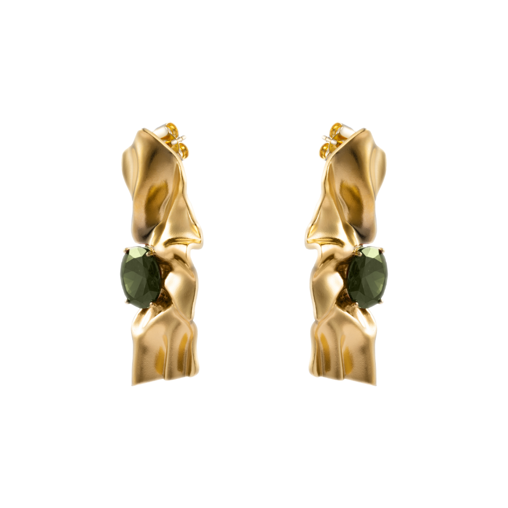 Side view of Victoria gold-plated earrings with olive green cubic zirconia stones
