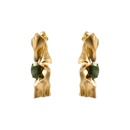 Side view of Victoria gold-plated earrings with olive green cubic zirconia stones