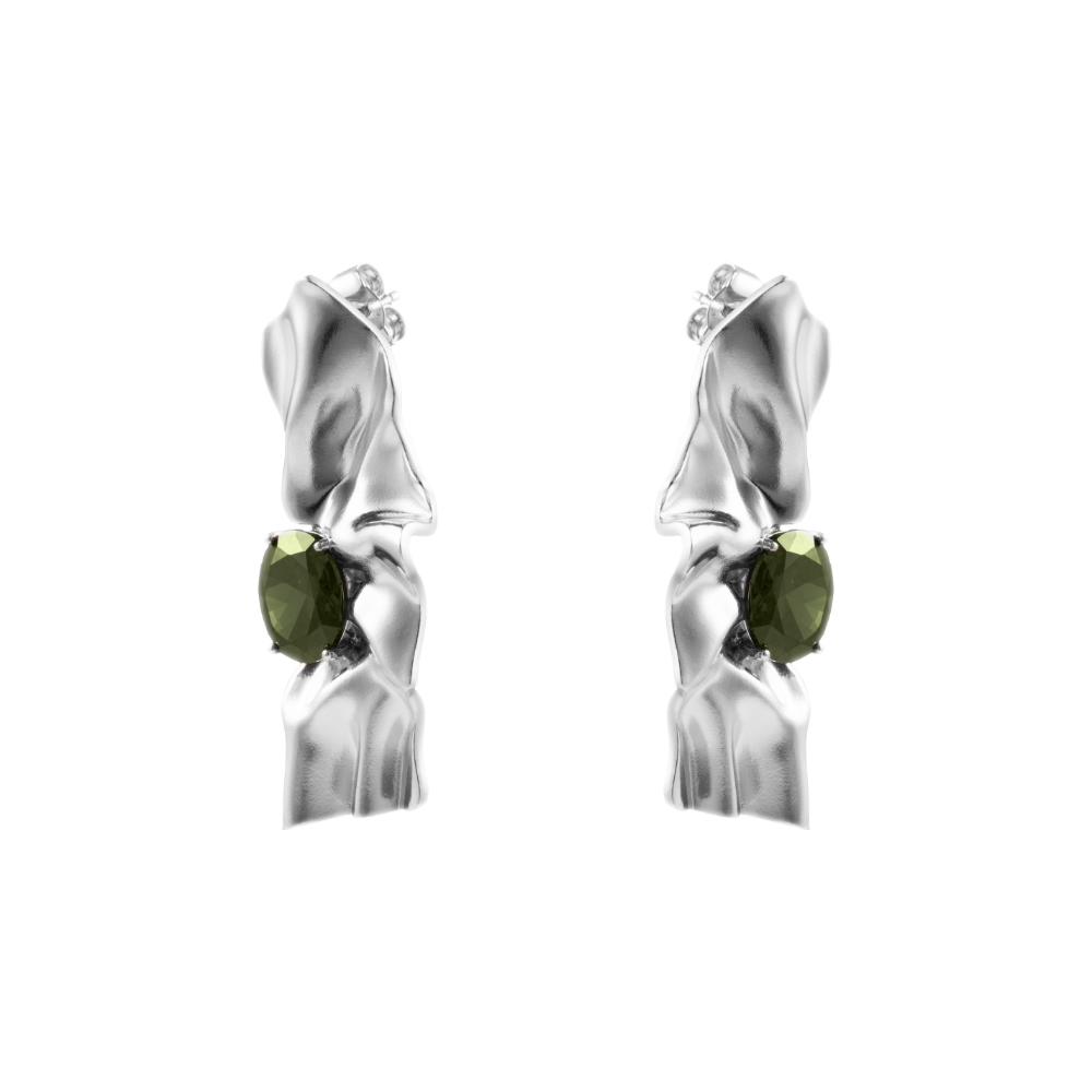 Side view of Victoria sterling silver earrings featuring olive green cubic zirconia stones