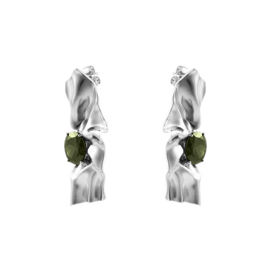 Side view of Victoria sterling silver earrings featuring olive green cubic zirconia stones