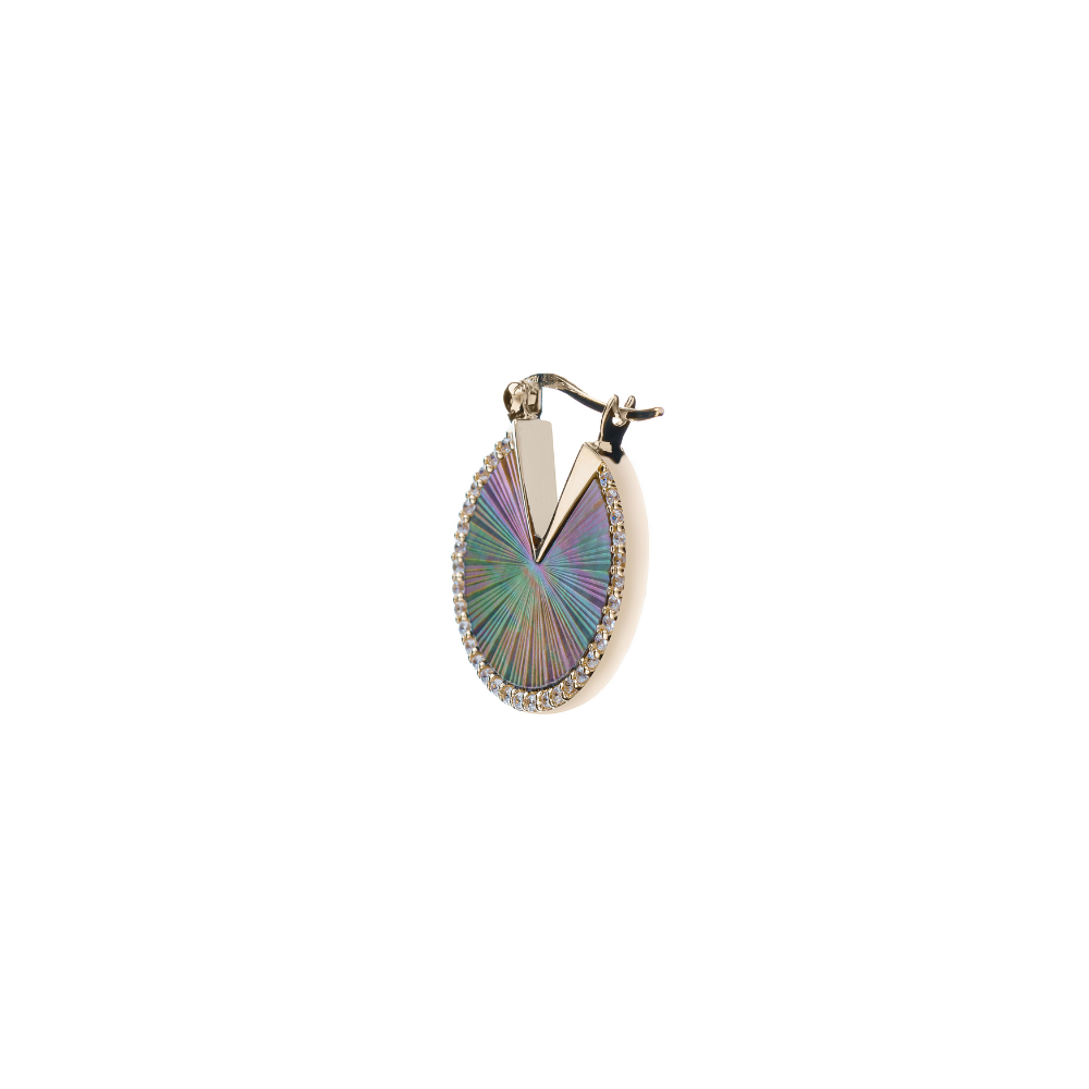 Side view of Audrey gold-plated 925 sterling silver earrings with cubic zirconia and black mother-of-pearl
