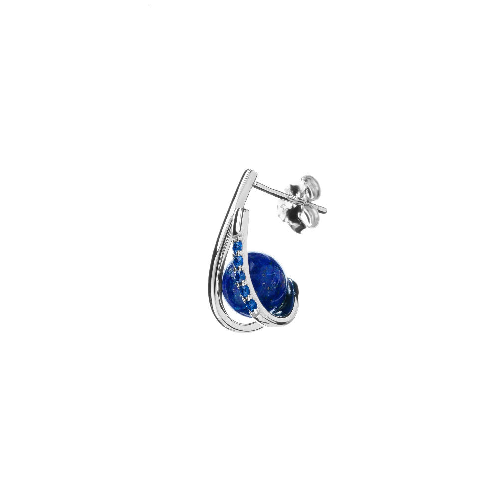 Side view of sterling silver Imara earrings with blue cubic zirconia and lapis lazuli stone