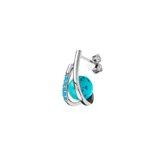Side view of sterling silver Imara earrings with turquoise nano stones and turquoise gemstone