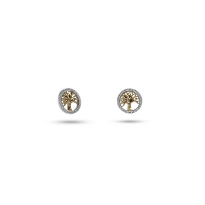 A pair of gold-plated earrings featuring cubic zirconia stones, with a design that includes intricate patterns and circular shapes.