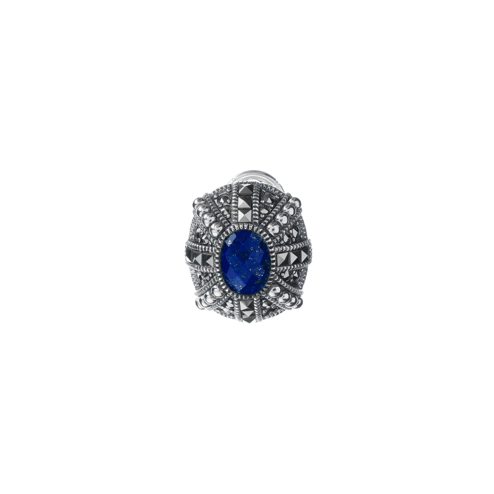 Oxidized silver earrings featuring blue lapis cabochon stones and marcasite accents