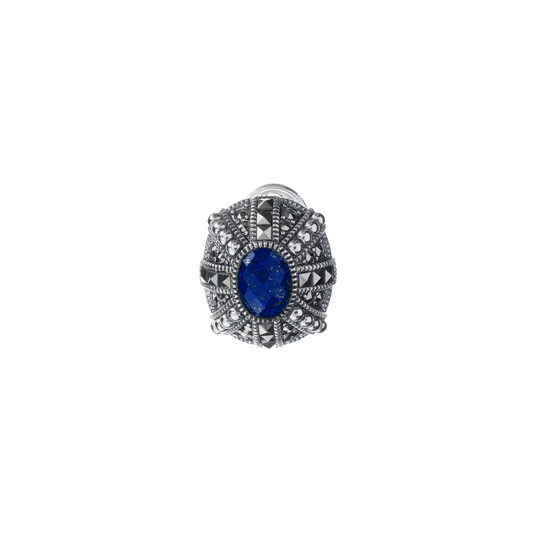 Oxidized silver earrings featuring blue lapis cabochon stones and marcasite accents