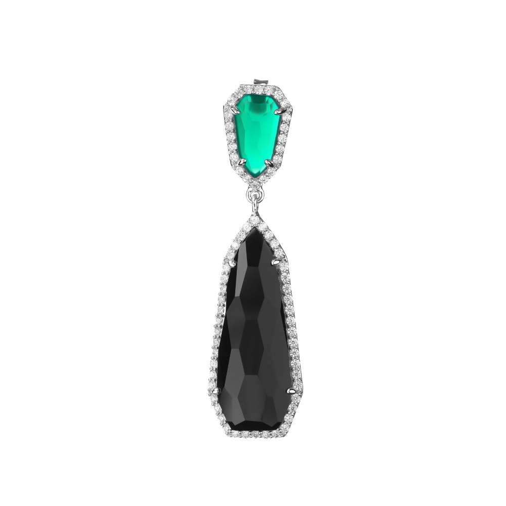 Sterling silver Sasha earrings with green agate top, black onyx bottom, and white cubic zirconia stones