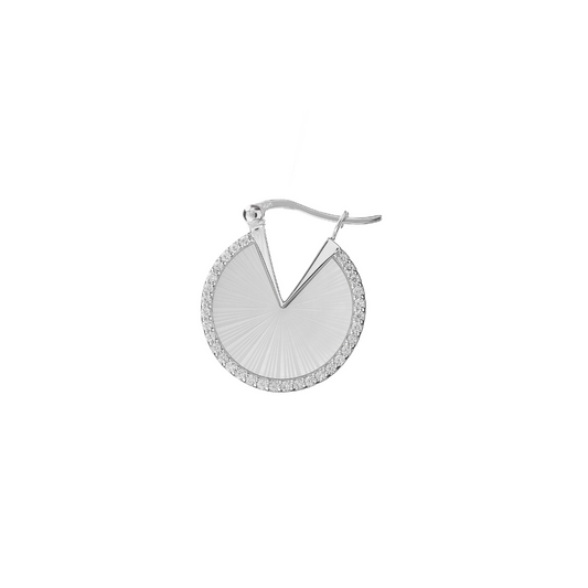 Sterling silver earrings with white cubic zirconia stones and white mother-of-pearl centerpiece